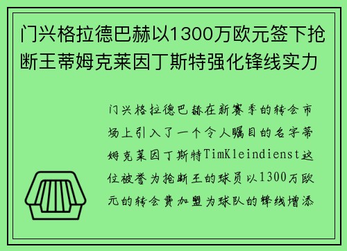 门兴格拉德巴赫以1300万欧元签下抢断王蒂姆克莱因丁斯特强化锋线实力