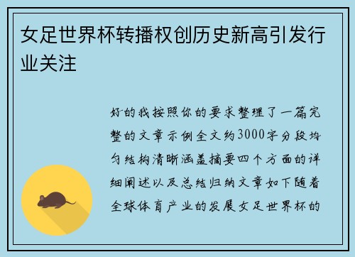 女足世界杯转播权创历史新高引发行业关注
